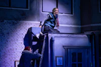 a woman is standing on top of a ladder on stage